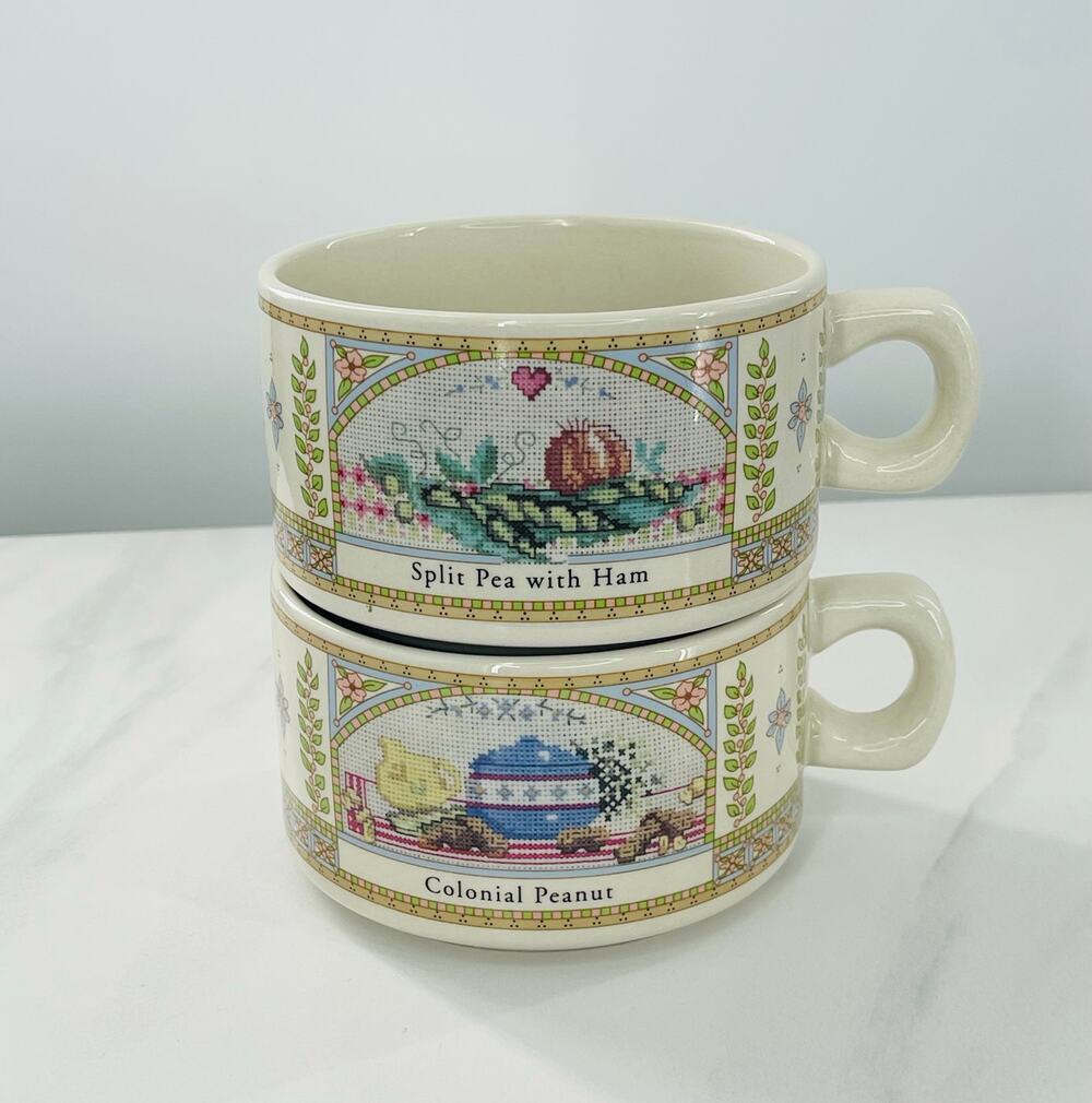 2 Vintage Westwood Old Farmers Almanac Soup Mugs Colonial Peanut & Split Pea Ham